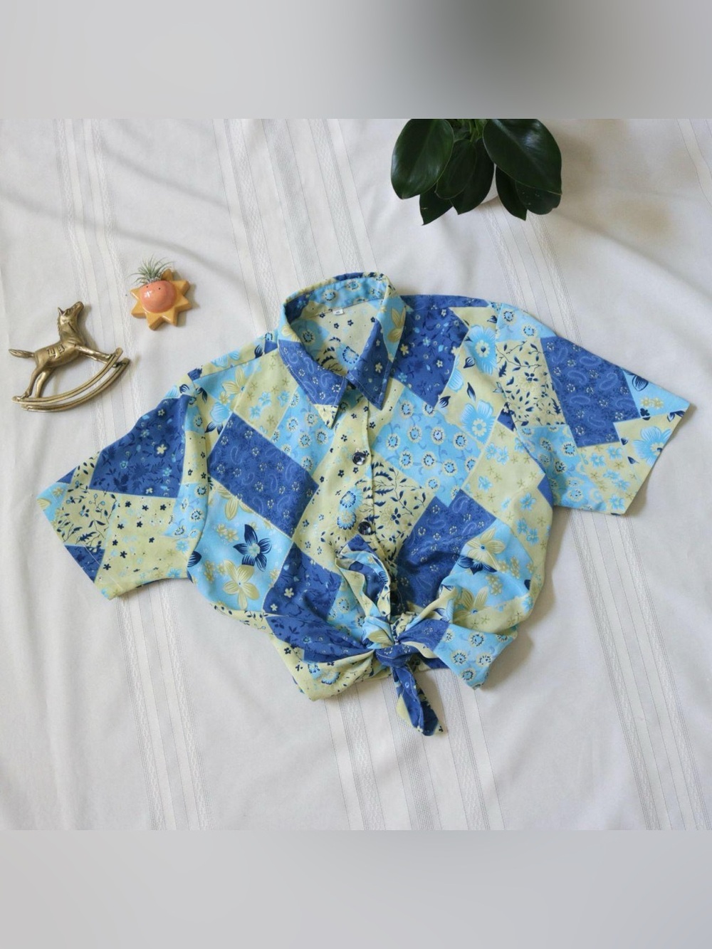 Blue floral patchwork patterned button down blouse